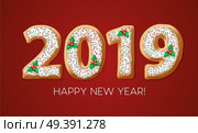 2019 gingerbread banner design. New Year cookie numbers with mistletoe berries, fudge and sprinkles. Christmas gingerbread on red background. Poster, postcard illustration. Isolated vector. 2019 gingerbread banner design. Стоковая иллюстрация, агентство Ingram Publishing / Фотобанк Лори
