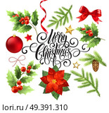 Merry Christmas design elements set. Xmas decorations and objects. Poinsettia, fir-tree branch, mistletoe, pinecone design elements. Christmas ball, ribbon, bow. Isolated vector detailed illustration. Merry Christmas design elements set. Стоковая иллюстрация, агентство Ingram Publishing / Фотобанк Лори