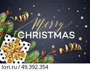 Merry Christmas greeting card vector template. Merry Christmas lettering with streamers, glitter, stars, fir tree branches, mistletoe twigs and present with golden bow. Xmas holiday banner design. Merry Christmas greeting card vector template. Стоковая иллюстрация, агентство Ingram Publishing / Фотобанк Лори