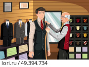 A vector illustration of a man being measured for a fitted suit by a tailor. Стоковая иллюстрация, агентство Ingram Publishing / Фотобанк Лори
