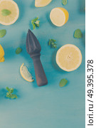 Fresh lemon citrus fruits with citrus reamer on blue bakground with copy space, retro toned. Fresh lemon fruits. Стоковое фото, агентство Ingram Publishing / Фотобанк Лори