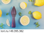 Fresh lemon citrus fruits with mint leaves and citrus reamer on blue bakground, retro toned. Fresh lemon fruits. Стоковое фото, агентство Ingram Publishing / Фотобанк Лори