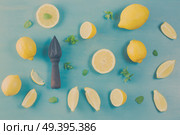 Fresh lemon citrus fruits with citrus reamer on blue bakground, retro toned. Fresh lemon fruits. Стоковое фото, агентство Ingram Publishing / Фотобанк Лори