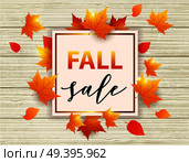 Autumn vector wooden background with orange maple leaves. Abstract golden frame for seasonal fall sale. . Стоковая иллюстрация, агентство Ingram Publishing / Фотобанк Лори
