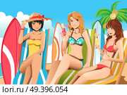 A vector illustration of a group of women relaxing on the beach. Стоковая иллюстрация, агентство Ingram Publishing / Фотобанк Лори