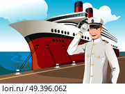 A vector illustration of a sailor in front of a big ship parked at the harbor. Стоковая иллюстрация, агентство Ingram Publishing / Фотобанк Лори