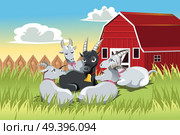 A vector illustration of a male goat surrounded by female goats in a farm. Стоковая иллюстрация, агентство Ingram Publishing / Фотобанк Лори