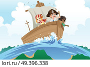 A vector illustration of kids dressed in pirates costumes sailing in a ship. Стоковая иллюстрация, агентство Ingram Publishing / Фотобанк Лори