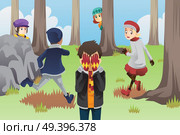 A vector illustration of kids playing hide and seek in the park. Стоковая иллюстрация, агентство Ingram Publishing / Фотобанк Лори