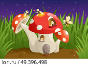 A vector illustration of mushroom house with fireflies. Стоковая иллюстрация, агентство Ingram Publishing / Фотобанк Лори