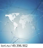 Abstract futuristic background with connecting lines and dots, polygonal linear texture. World map on blue. Global network connections, geometric design, technology digital concept. Abstract futuristic background with connecting lines and dots, polygonal linear texture. World map on blue. Global network connections, geometric design, technology digital concept. Стоковая иллюстрация, агентство Ingram Publishing / Фотобанк Лори
