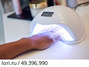Manicured nails in UV lamp. Small nail art and manicure business. Hands of woman in a wellnes salon. Стоковое фото, агентство Ingram Publishing / Фотобанк Лори