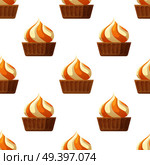 Cupcake with cream seamless pattern. Cake with waffle and caramel or marshmallow flat vector on white background. Creamy muffin cake illustration for wrapping paper, prints on fabric. Cupcake with Cream Flat Vector Seamless Pattern. Стоковая иллюстрация, агентство Ingram Publishing / Фотобанк Лори