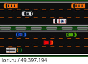 Active city traffic concept. Passenger cars, truck, buses goes on many lines road top view flat vector. Urban speed highway illustration for transport concepts and logistics infographics design. City Traffic Vector Concept with Cars On Highway. Стоковая иллюстрация, агентство Ingram Publishing / Фотобанк Лори