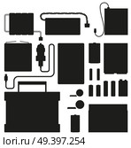 Powerful batteries black silhouettes isolated on white background. Electric appliances to recharge energy for longer usage or make devices run vector illustration. Power containers to restore devices.. Powerful Batteries Silhouettes Isolated on White. Стоковая иллюстрация, агентство Ingram Publishing / Фотобанк Лори
