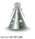 Brightly decorated with grey ribbon and starry pattern party hat. Shiny silver paper conical cap for festive costumes isolated vector illustration. Birthday or New Year party dressing accessory icon. Стоковая иллюстрация, агентство Ingram Publishing / Фотобанк Лори