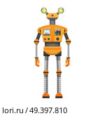 Orange robot with big artificial eyes isolated on white background. Android with pincer hands and two horns, metal head, long iron body, powerful legs fastened by black waist vector illustration.. Orange Robot with Big Artificial Eyes Isolated on White. Стоковая иллюстрация, агентство Ingram Publishing / Фотобанк Лори