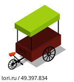Street cart store isometric icon. Pedal-powered trolley with stall and colorful tent vector isolated on white. Movable shop on wheels illustration for mobile eatery, fast food cafe, souvenir shop ad. Стоковая иллюстрация, агентство Ingram Publishing / Фотобанк Лори