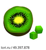 Sliced on half and diced kiwi. Ripe tropical fruit realistic vector isolated on white background. Fresh ingredient of vegetarian salad illustration for healthy food and natural nutrition concepts. Стоковая иллюстрация, агентство Ingram Publishing / Фотобанк Лори