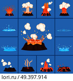 Natural phenomenas active volcano and blue geyser in action. Splash of hot lava, flowing magma, discarded steam under pressure. Powerful aqua fountain hot spring vector illustration in flat design. Concept of Active Volcano and Geyser in Action. Стоковая иллюстрация, агентство Ingram Publishing / Фотобанк Лори