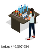 Young business woman standing and practicing on computer isolated on white. Five books or reports with charts, six bottle with water and open laptop lying on table vector illustration flat design.. Businesswoman Standing and Practicing on Computer. Стоковая иллюстрация, агентство Ingram Publishing / Фотобанк Лори