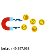 Magnet attracting euro coins and dollar coins isolated on white. Successful business like lodestone dragging lot of money. Vector business illustration with golden coins and magnet in cartoon style.. Magnet Attracting Euro Coins and Dollar Money. Стоковая иллюстрация, агентство Ingram Publishing / Фотобанк Лори