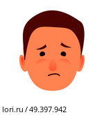 Sorrowful face emotion on man-child close-up portrait on white background. Dumpish and lamentable boy face. Vector illustration of character and face emotions in cartoon style hand drawn pattern.. Sorrowful Face Emotion on Man-child Close-up Icon. Стоковая иллюстрация, агентство Ingram Publishing / Фотобанк Лори