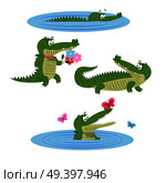 Cartoon crocodiles in water, with butterflies, with flowers in bow tie and in natural animal position isolated on white background. Lovely crocs in wildlife. Friendly reptiles vector illustration.. Cartoon Crocodiles on Nature Isolated Illustration. Стоковая иллюстрация, агентство Ingram Publishing / Фотобанк Лори