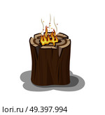 Stump with fire and smoke in center and shadow on white background. Firewood element. Small bonfire into stump isolated illustration. Outdoor pastime on nature. Original way of making bonfire during hike.. Alight Stump Isolated Illustration. Firewood Element. Стоковая иллюстрация, агентство Ingram Publishing / Фотобанк Лори