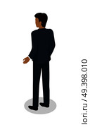 Male in blue business suit standing backwards on white background. Brunette man pushed his hand away from body. Vector illustration flat design. Icon graphic concept for banner, mobile, infographics.. Male in Business Suit Standing Back Flat Design. Стоковая иллюстрация, агентство Ingram Publishing / Фотобанк Лори