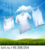 Washing white clothes hanging on the rope. Design template. Vector. Стоковая иллюстрация, агентство Ingram Publishing / Фотобанк Лори