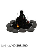 Smoldering bonfire lined with stones on white background. Black and grey color picture of firewood with small bright red flames. After outdoor pastime on nature. Isolated vector illustration.. Smoldering Bonfire Lined with Stones on White. Стоковая иллюстрация, агентство Ingram Publishing / Фотобанк Лори