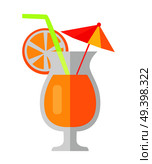 Orange cocktail with fruit slice and decorative umbrella and green straw in shaped glass. Vector colorful illustration in flat design of tropical refreshing drink in glass cup with glass leg.. Orange Cocktail with Fruit Slice and Umbrella. Стоковая иллюстрация, агентство Ingram Publishing / Фотобанк Лори