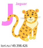 English Nursery card with lilac J letter Jaguar isolated on white. Yellow and spotted wild animal on children training poster. Vector illustration of school preparation card flat design cartoon style.. English Nursery card with Lilac Character J Jaguar. Стоковая иллюстрация, агентство Ingram Publishing / Фотобанк Лори