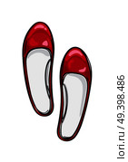 Red glossy ballerina flat shoes isolated on background. Fashionable women footwear for glamorous look. Vector Illustration of elegant and comfortable footgear for every day outfit.. Red Ballerina Flat Shoes Isolated Illustration. Стоковая иллюстрация, агентство Ingram Publishing / Фотобанк Лори