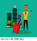 Smiling redheaded tourist with trolley suitcase holding documents on background of modern city with skyscrapers. Summer vacation concept. Traveling with baggage illustration. Flat style design.. Tourist with Trolley Suitcase. Стоковая иллюстрация, агентство Ingram Publishing / Фотобанк Лори