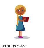 Blond girl with blue eyes holds open textbook vector illustration isolated. World Day of Book poster to promote reading, publishing and copyright. Blond Girl with Blue Eyes Holds Open Book Vector. Стоковая иллюстрация, агентство Ingram Publishing / Фотобанк Лори