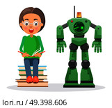 Child in glasses sits on pile of books and reads beside green robot with flasher and radar isolated vector illustration on white background.. Child Sits on Pile of Books and Reads Beside Robot. Стоковая иллюстрация, агентство Ingram Publishing / Фотобанк Лори