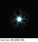 Charged ball lightning illustration for science or magic, blinding spot with green glowing realistic light effect on transparent background. Vector illustration. Blinding Ball With Lightnings Realistic Effect. Стоковая иллюстрация, агентство Ingram Publishing / Фотобанк Лори