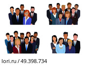 Business team vector concepts set. People in strict clothing standing together and looking on viewer isolated flat illustration. Faceless men and women characters on working collective group portrait. Стоковая иллюстрация, агентство Ingram Publishing / Фотобанк Лори