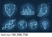 Light sketch of city with skyscrapers, two planets, smartphone in hand, lightbulb, DNA monomer and triangular sign vector illustration.. Light Sketch of City, Planets, Phone in Hand, Bulb. Стоковая иллюстрация, агентство Ingram Publishing / Фотобанк Лори