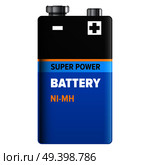 Super power battery isolated on white. Vector illustration of accumulator in blue and black colors. Nickel-metal hydride type of rechargeable battery, abbreviated NiMH or Ni-MH flat realistic design. Super Power Battery Isolated on White. Vector. Стоковая иллюстрация, агентство Ingram Publishing / Фотобанк Лори