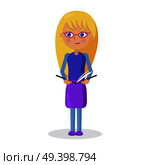 Blond girl in glasses holds open textbook vector illustration isolated. World Day of Book poster to promote reading, publishing and copyright. Blond Girl in Glasses Holds Open Book Vector. Стоковая иллюстрация, агентство Ingram Publishing / Фотобанк Лори