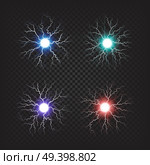 Red, blue, purple and green fireballs isolated vector illustrations on transparent background. Globular clusters of electricity.. Colorful Fireballs Isolated Illustrations Set. Стоковая иллюстрация, агентство Ingram Publishing / Фотобанк Лори