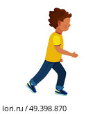 Faceless little boy in yellow T-shirt, jeans and sneakers runs away fast isolated vector illustration on white background.. Faceless Young Boy Runs Isolated Illustration. Стоковая иллюстрация, агентство Ingram Publishing / Фотобанк Лори