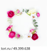 Flowers composition. Frame made of eucaliptus leaves and ranunculus flowers on white background. Flat lay, top view, copy space. Flowers flat lay composition. Стоковое фото, агентство Ingram Publishing / Фотобанк Лори