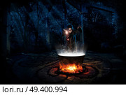 Scary witch in night forest with potion version. Стоковое фото, агентство Ingram Publishing / Фотобанк Лори