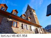 Salardu village church in Lerida Catalonia of Spain Pyrenees in Aran Valley. Стоковое фото, агентство Ingram Publishing / Фотобанк Лори