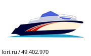 Blue with orange pattern speed motorboat on blue sea water on white background vector illustration. Black outboard motor is installed on the rear. Hull is high and white, starboard is shown. Blue and Orange Speed Motorboat on White Background. Стоковая иллюстрация, агентство Ingram Publishing / Фотобанк Лори