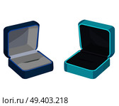 Two blue gift boxes for ring or earrings vector illustration. Empty beautiful capsules with black and white middle isolated on whitey, wedding concept. Concept of Two Gift Boxes for Ring or Earrings. Стоковая иллюстрация, агентство Ingram Publishing / Фотобанк Лори